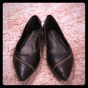 BCBG black flats with gold zipper design
